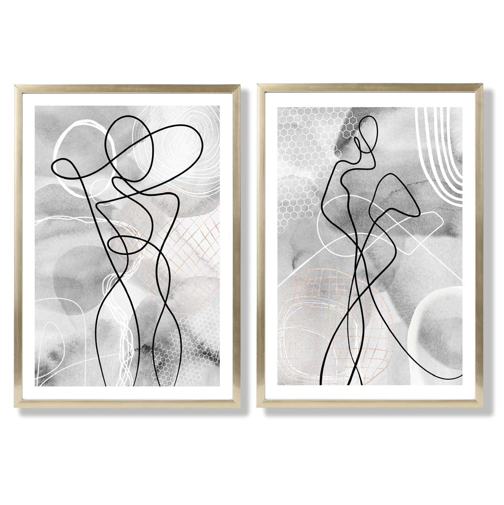 Grey Female Line Art Fashion Set of 2 Art Prints with Gold Frame