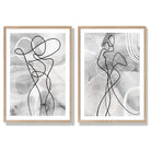 Grey Female Line Art Fashion Set of 2 Art Prints with Oak Frame