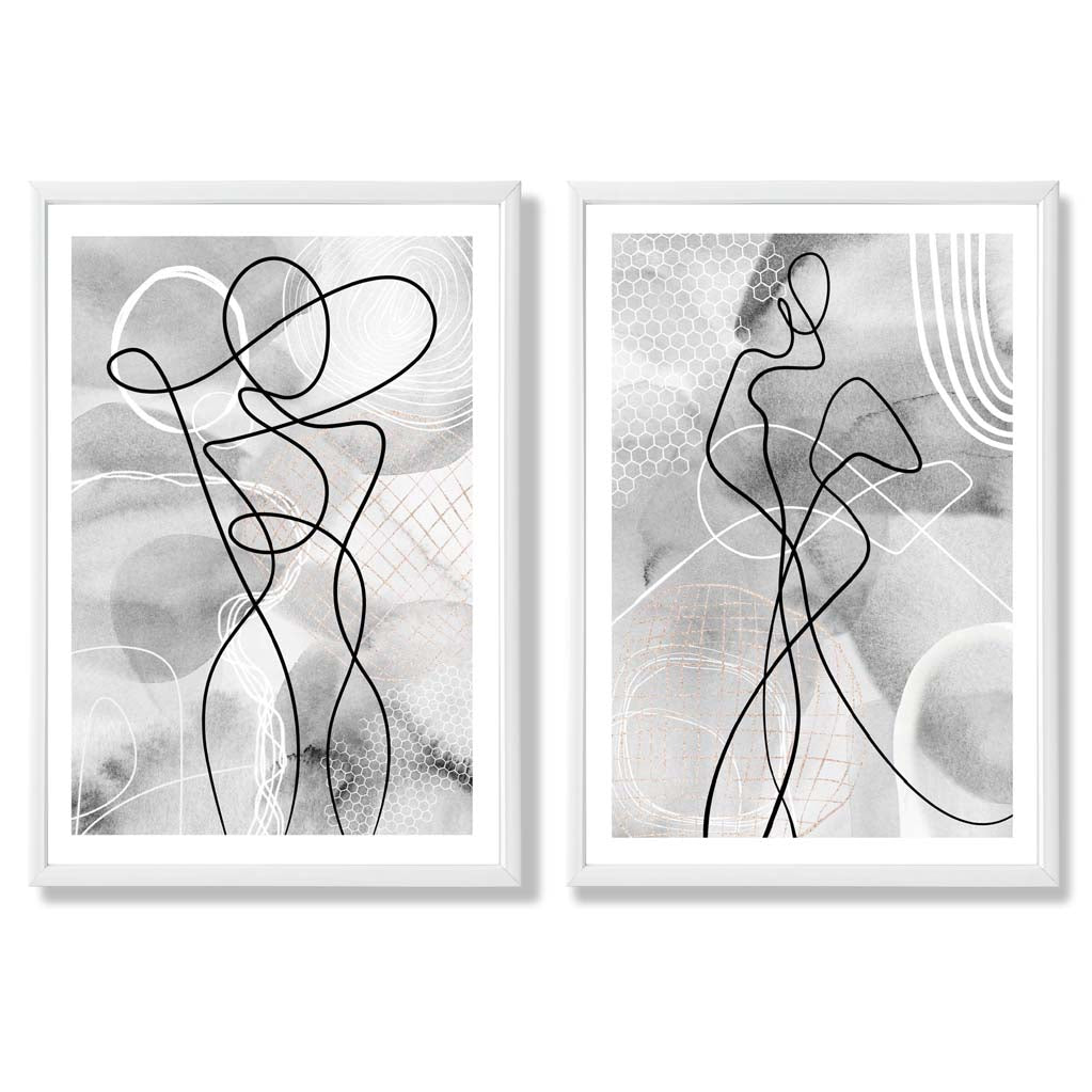 Grey Female Line Art Fashion Set of 2 Art Prints with White Frame