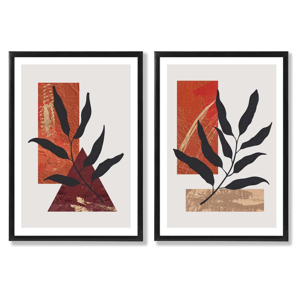 Modern Geometric Orange Gold Leaves Set of 2 Art Prints with Black Frame