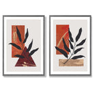 Modern Geometric Orange Gold Leaves Set of 2 Art Prints with Dark Grey Frame