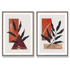 Modern Geometric Orange Gold Leaves Set of 2 Art Prints with Walnut Frame