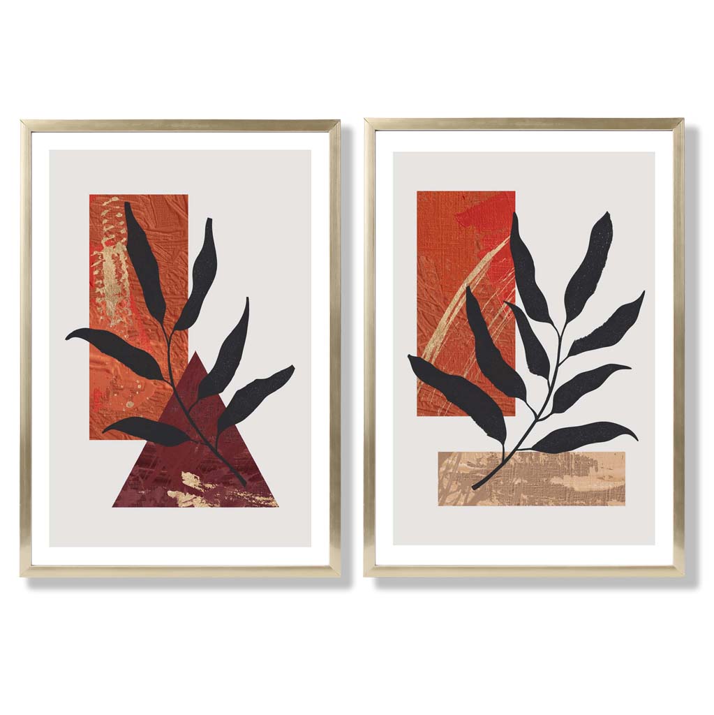 Modern Geometric Orange Gold Leaves Set of 2 Art Prints with Gold Frame