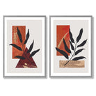 Modern Geometric Orange Gold Leaves Set of 2 Art Prints with Light Grey Frame