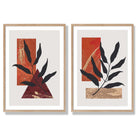 Modern Geometric Orange Gold Leaves Set of 2 Art Prints with Oak Frame