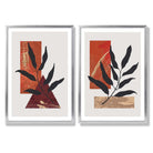 Modern Geometric Orange Gold Leaves Set of 2 Art Prints with Silver Frame