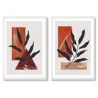 Modern Geometric Orange Gold Leaves Set of 2 Art Prints with White Frame