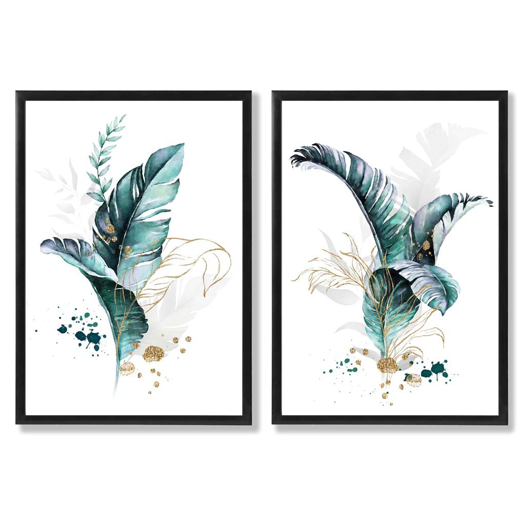 Abstract Teal Botanical Leaves Set of 2 Art Prints with Black Frame