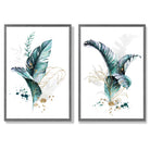Abstract Teal Botanical Leaves Set of 2 Art Prints with Dark Grey Frame