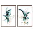 Abstract Teal Botanical Leaves Set of 2 Art Prints with Walnut Frame
