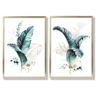 Abstract Teal Botanical Leaves Set of 2 Art Prints with Gold Frame