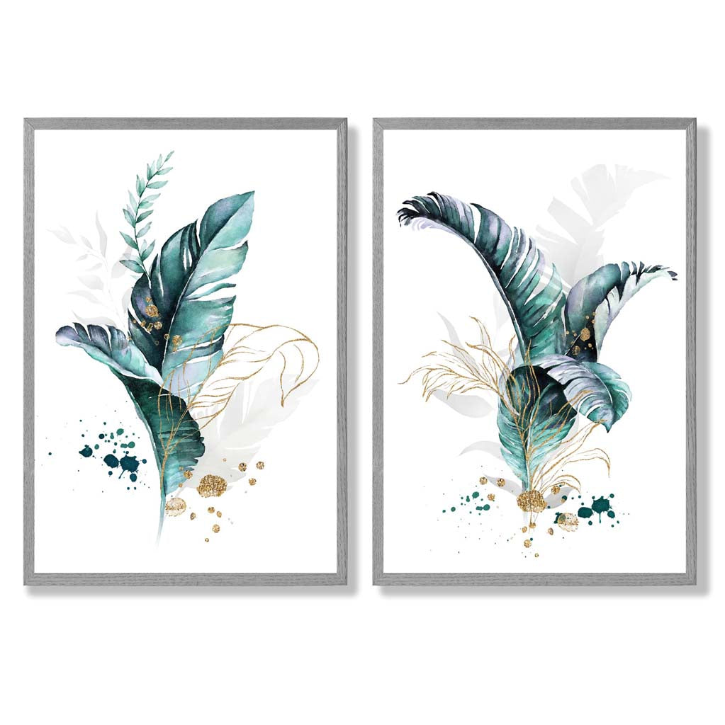 Abstract Teal Botanical Leaves Set of 2 Art Prints with Light Grey Frame