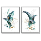 Abstract Teal Botanical Leaves Set of 2 Art Prints with Light Grey Frame