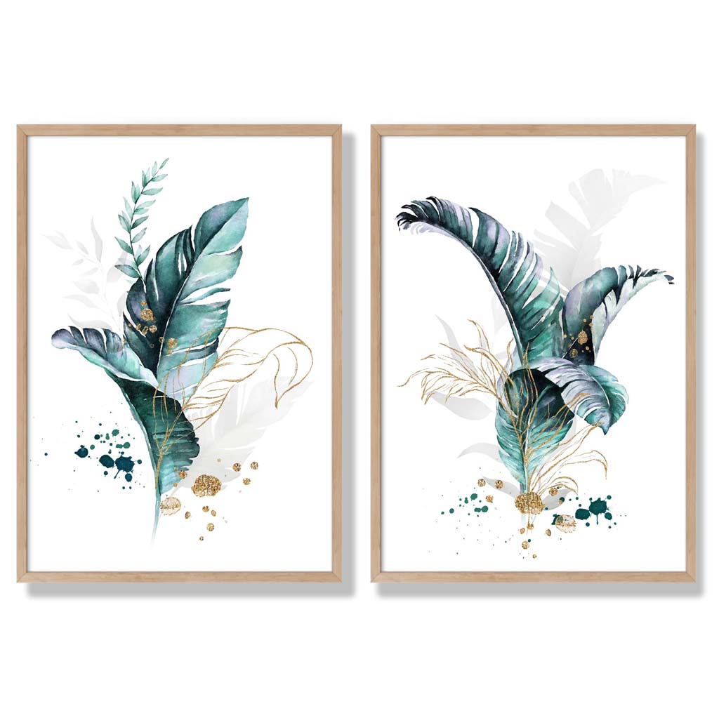Abstract Teal Botanical Leaves Set of 2 Art Prints with Oak Frame