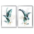 Abstract Teal Botanical Leaves Set of 2 Art Prints with Silver Frame