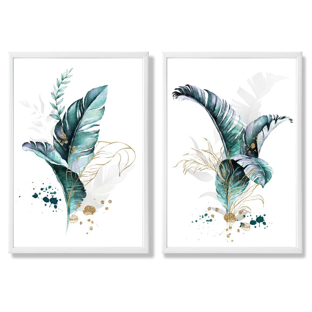 Abstract Teal Botanical Leaves Set of 2 Art Prints with White Frame