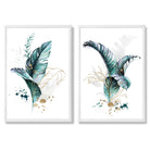 Abstract Teal Botanical Leaves Set of 2 Art Prints with White Frame