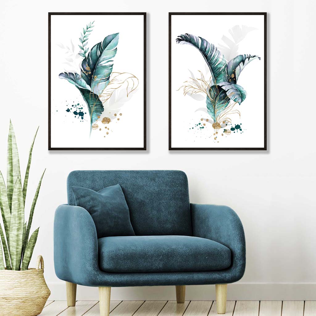 Set of 2 Abstract Teal Botanical Leaves Art Prints Set from Artze Wall Art UK
