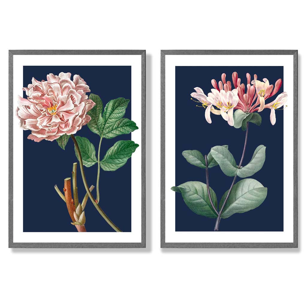 Vintage Pink Flowers on Dark Blue Set of 2 Art Prints with Dark Grey Frame