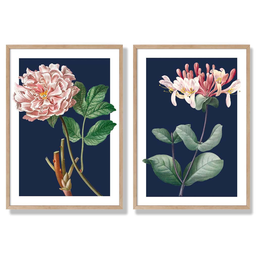 Vintage Pink Flowers on Dark Blue Set of 2 Art Prints with Oak Frame