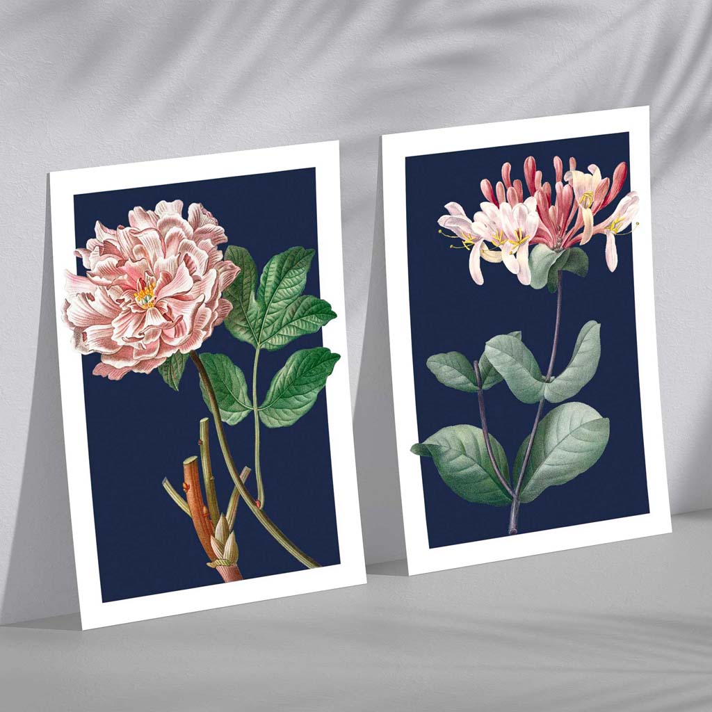 Vintage Pink Flowers on Dark Blue Set of 2 Art Prints