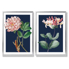 Vintage Pink Flowers on Dark Blue Set of 2 Art Prints with Silver Frame
