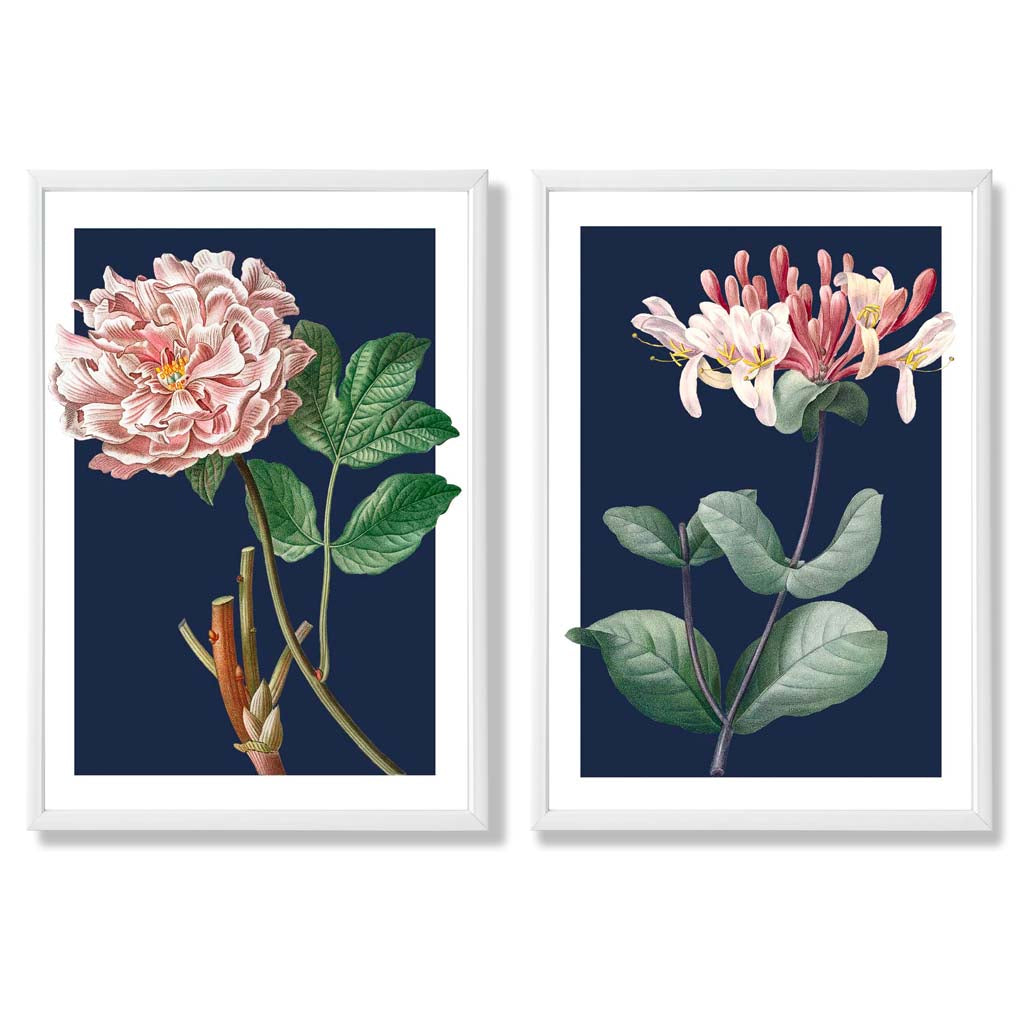 Vintage Pink Flowers on Dark Blue Set of 2 Art Prints with White Frame