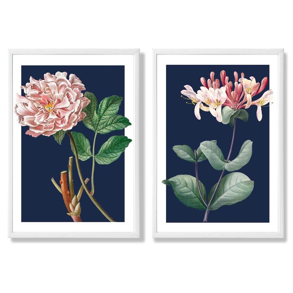 Vintage Pink Flowers on Dark Blue Set of 2 Art Prints with White Frame