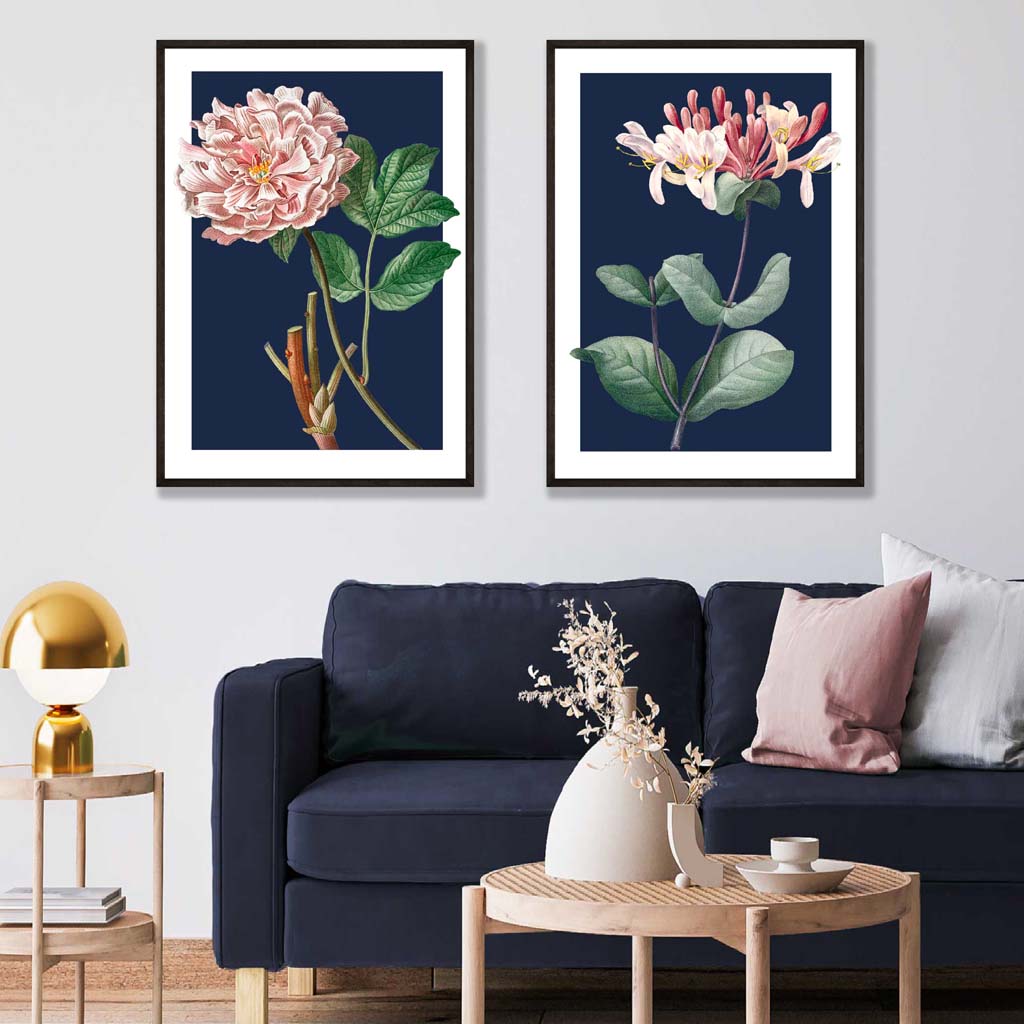 Set of 2 Vintage Pink Flowers on Dark Blue Prints from Artze Wall Art UK