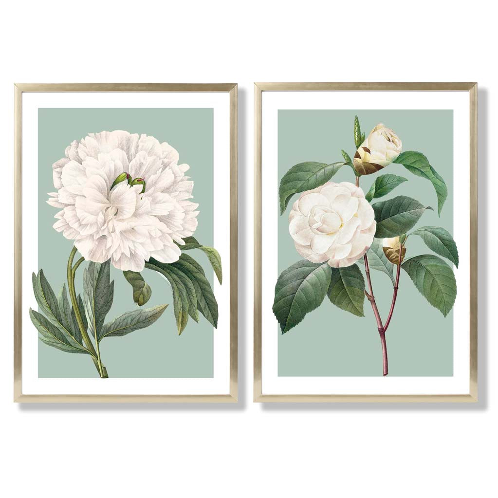 Vintage White Flowers on Sage Green Set of 2 Art Prints with Gold Frame
