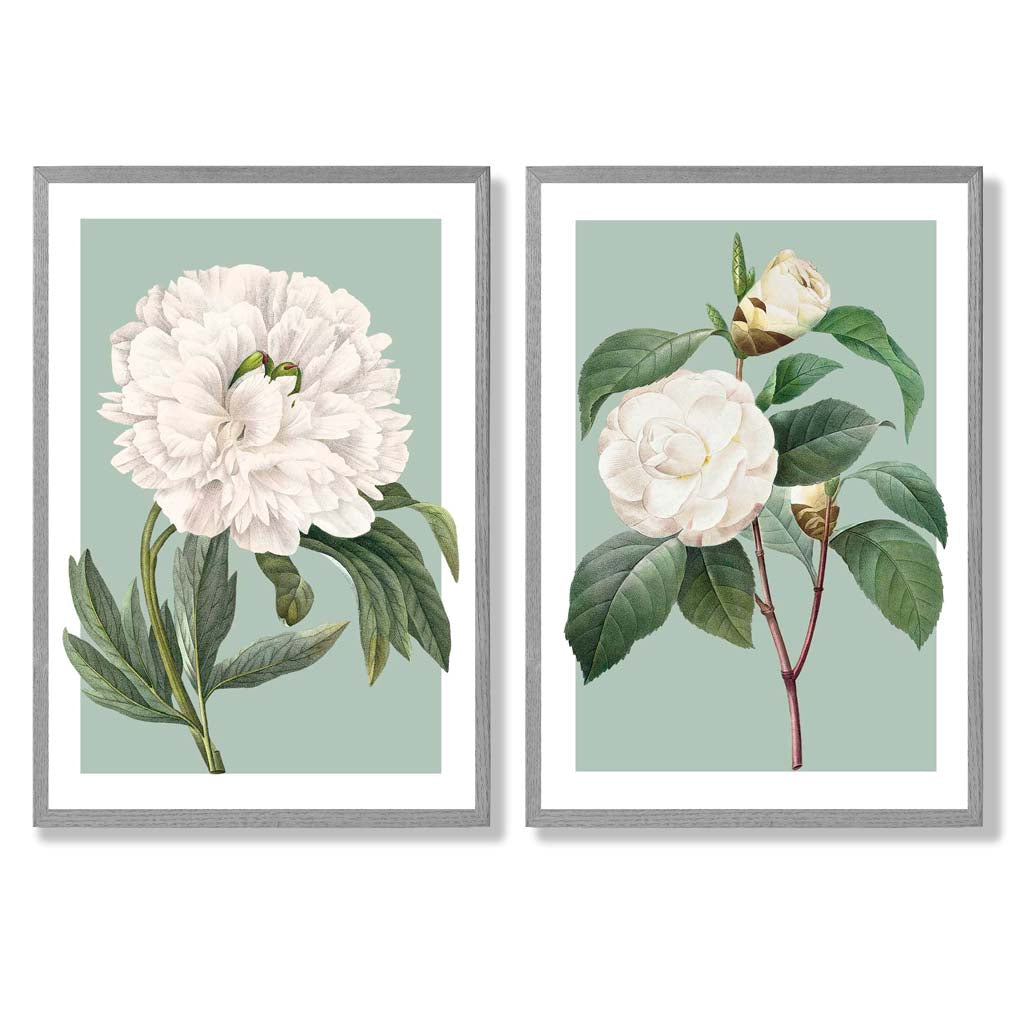 Vintage White Flowers on Sage Green Set of 2 Art Prints with Light Grey Frame