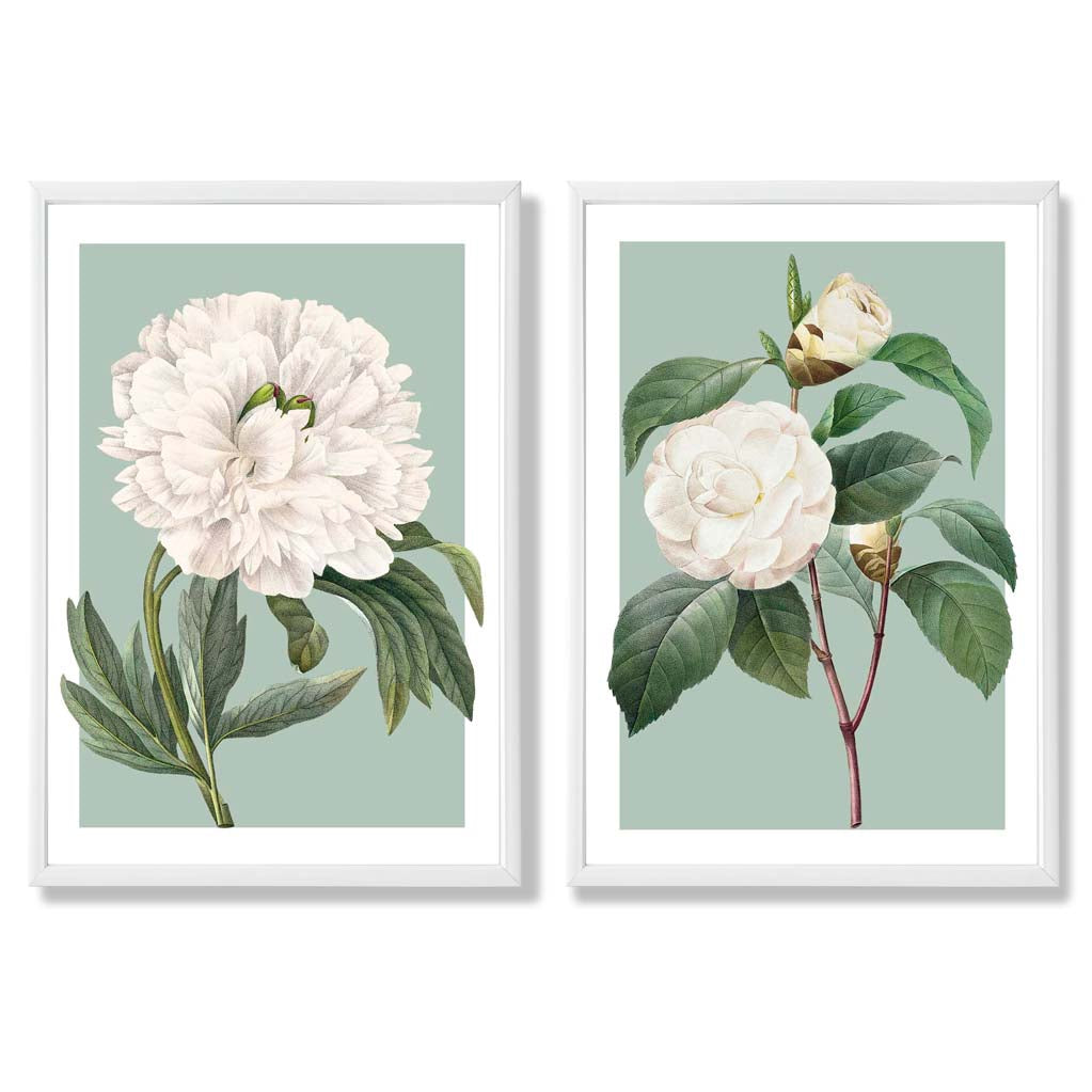 Vintage White Flowers on Sage Green Set of 2 Art Prints with White Frame