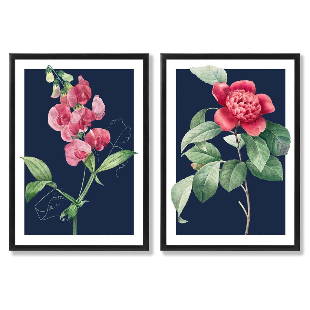 Vintage Pink Flowers on Navy Blue Set of 2 Art Prints with Black Frame