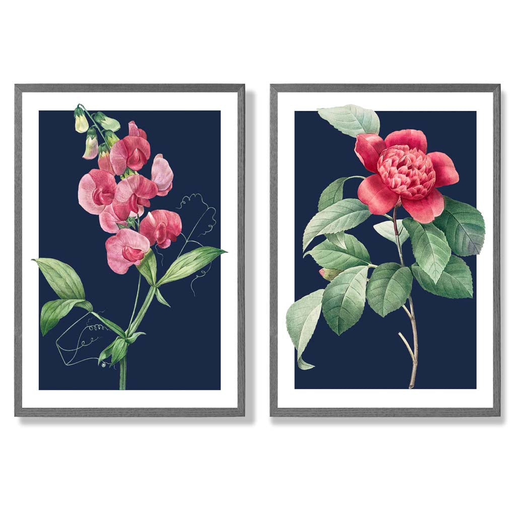 Vintage Pink Flowers on Navy Blue Set of 2 Art Prints with Dark Grey Frame