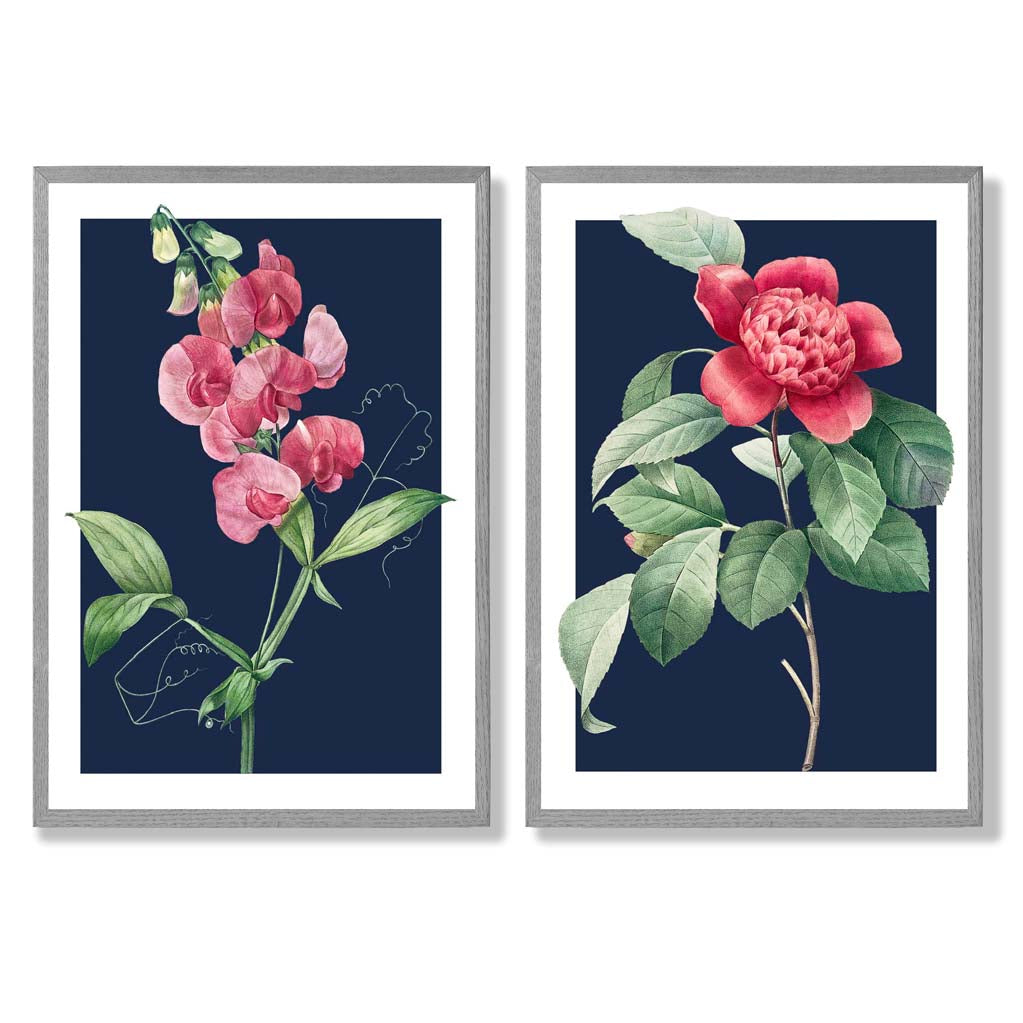 Vintage Pink Flowers on Navy Blue Set of 2 Art Prints with Light Grey Frame