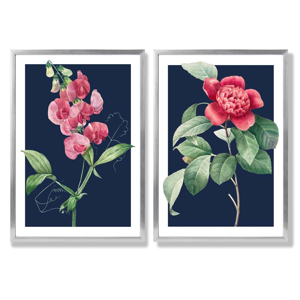 Vintage Pink Flowers on Navy Blue Set of 2 Art Prints with Silver Frame