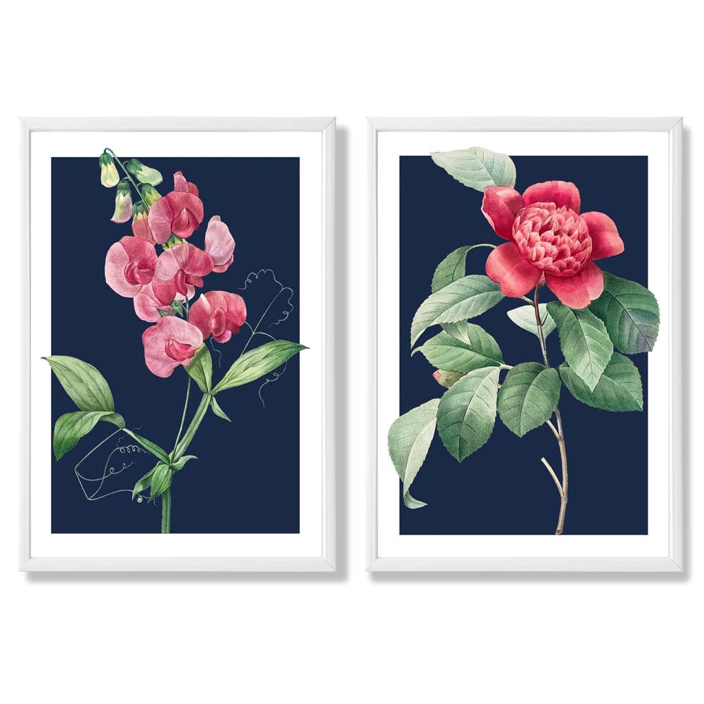 Vintage Pink Flowers on Navy Blue Set of 2 Art Prints with White Frame
