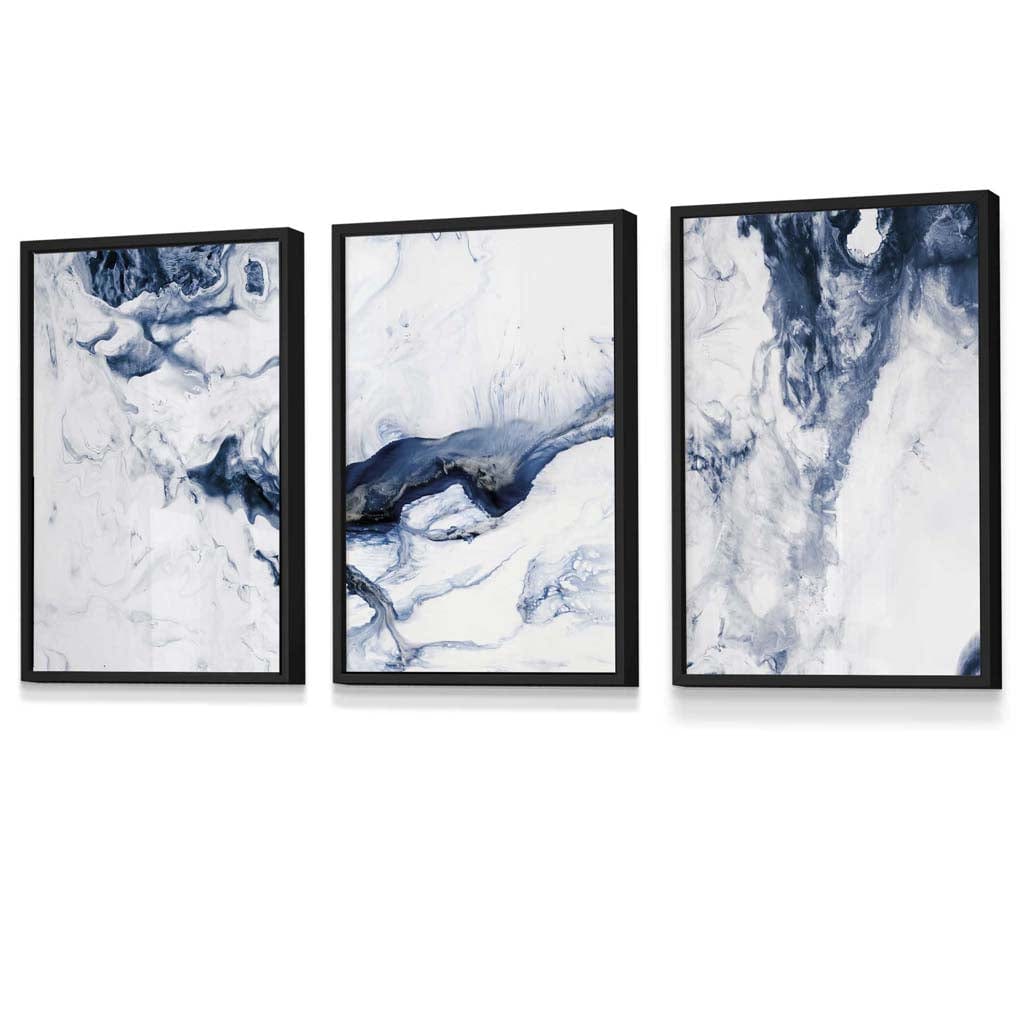 Set of 3 Navy Blue Abstract Ocean Waves Framed Wall Art | Artze Wall Art UK