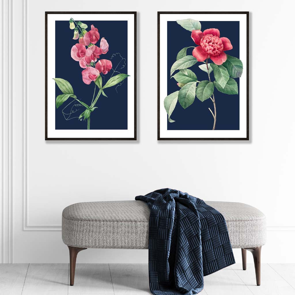 Vintage Pink Flowers on Navy Blue Posters | Artze Wall Art UK