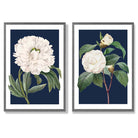 Vintage White Flowers on Navy Blue Set of 2 Art Prints with Dark Grey Frame
