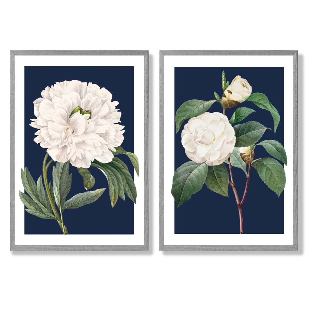 Vintage White Flowers on Navy Blue Set of 2 Art Prints with Light Grey Frame