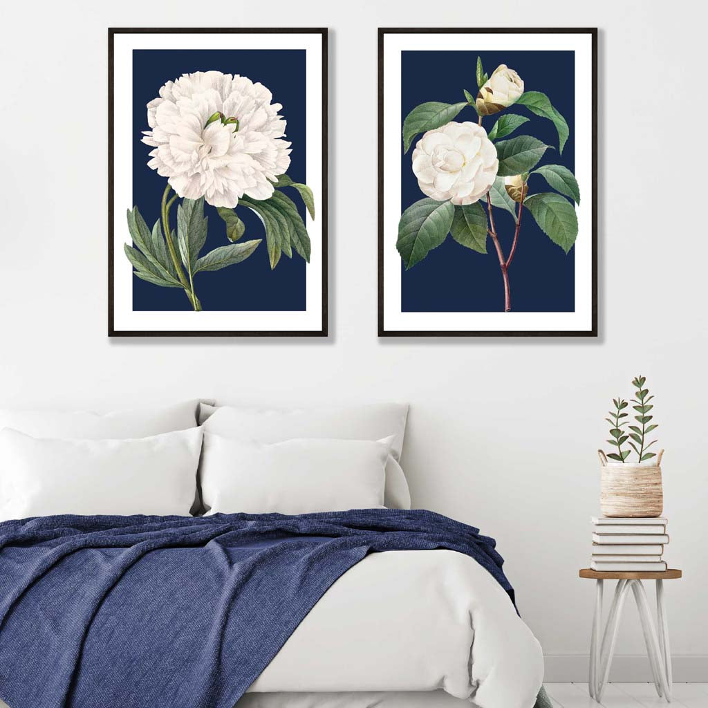 Vintage White Flowers on Navy Blue Posters | Artze Wall Art UK