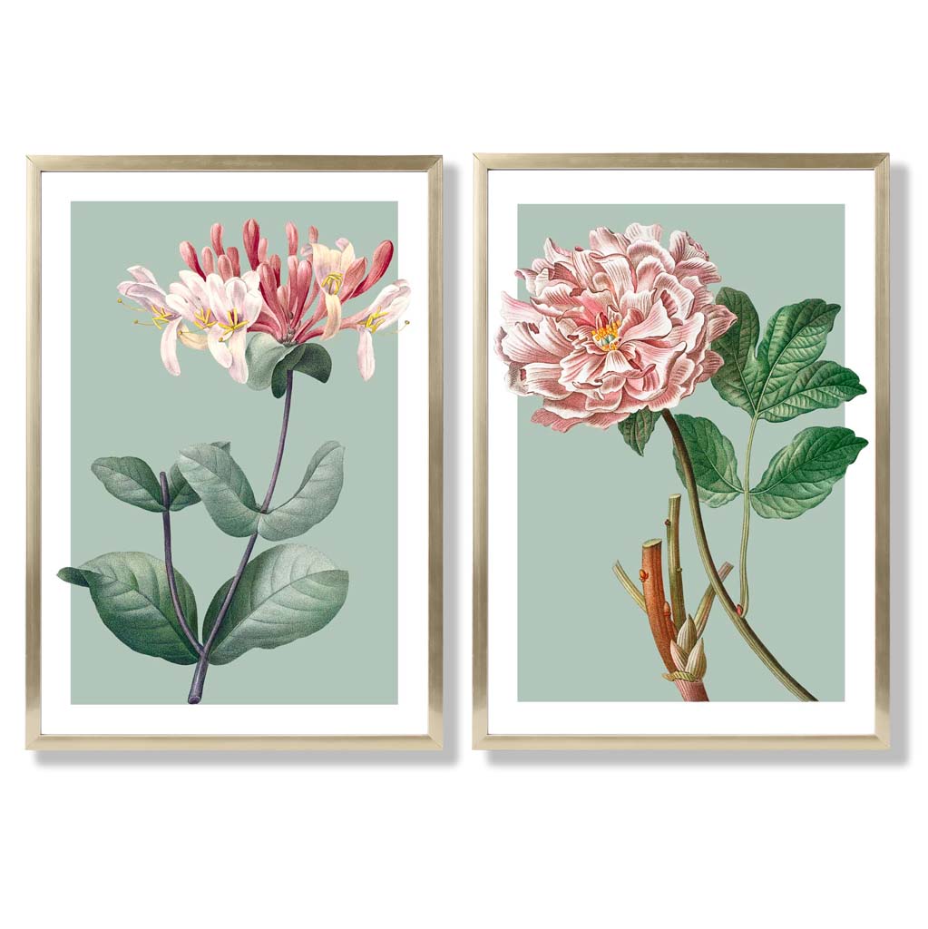 Sage Green Geometric Pineapple Fruit Set of 2 Art Prints with Gold Frame