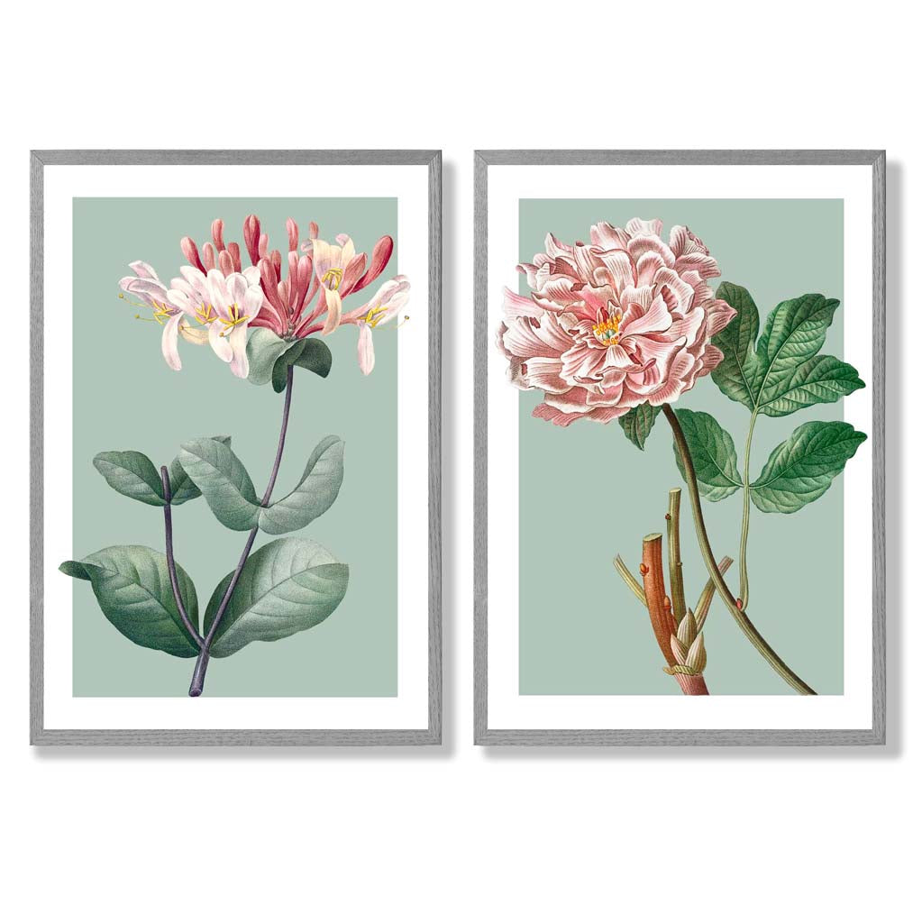 Sage Green Geometric Pineapple Fruit Set of 2 Art Prints with Light Grey Frame