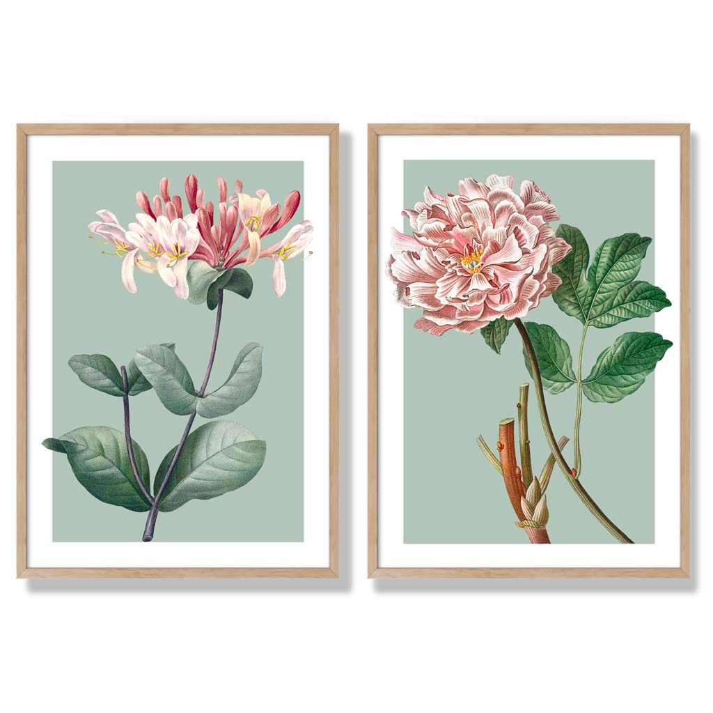 Sage Green Geometric Pineapple Fruit Set of 2 Art Prints with Oak Frame