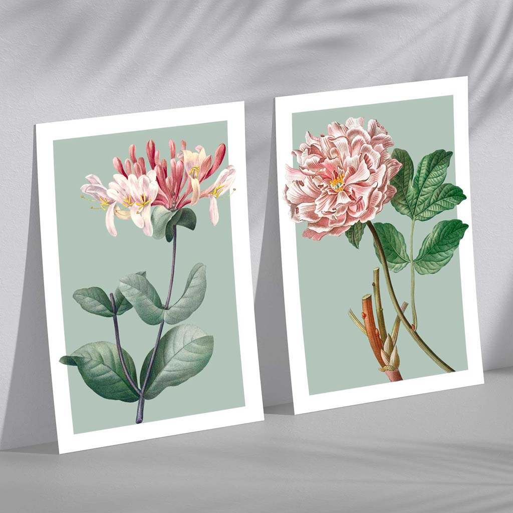 Vintage Flowers Pink and Sage Green Set of 2 Art Prints