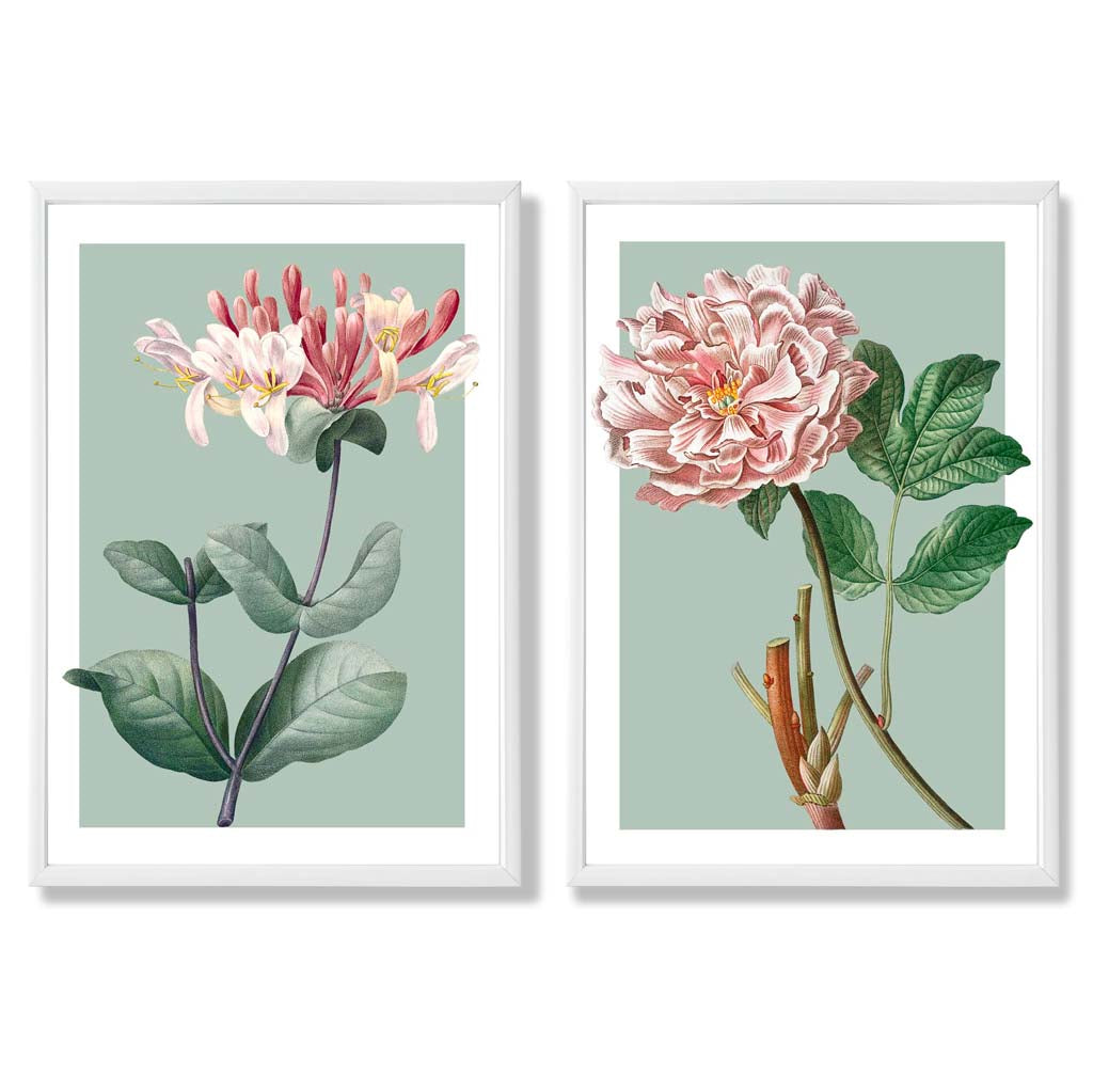 Sage Green Geometric Pineapple Fruit Set of 2 Art Prints with White Frame