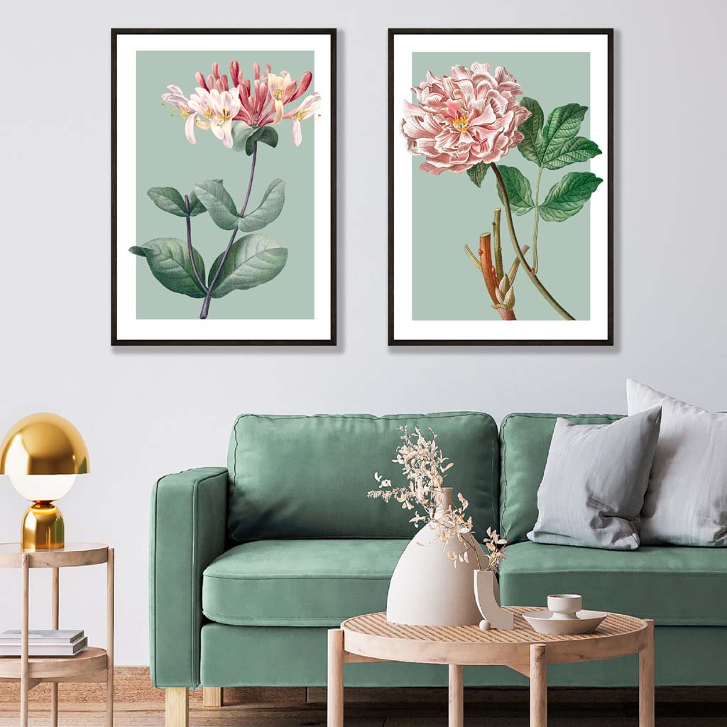 Set of 2 Framed Vintage Flowers Pink and Sage Green Prints | Artze Wall Art UK