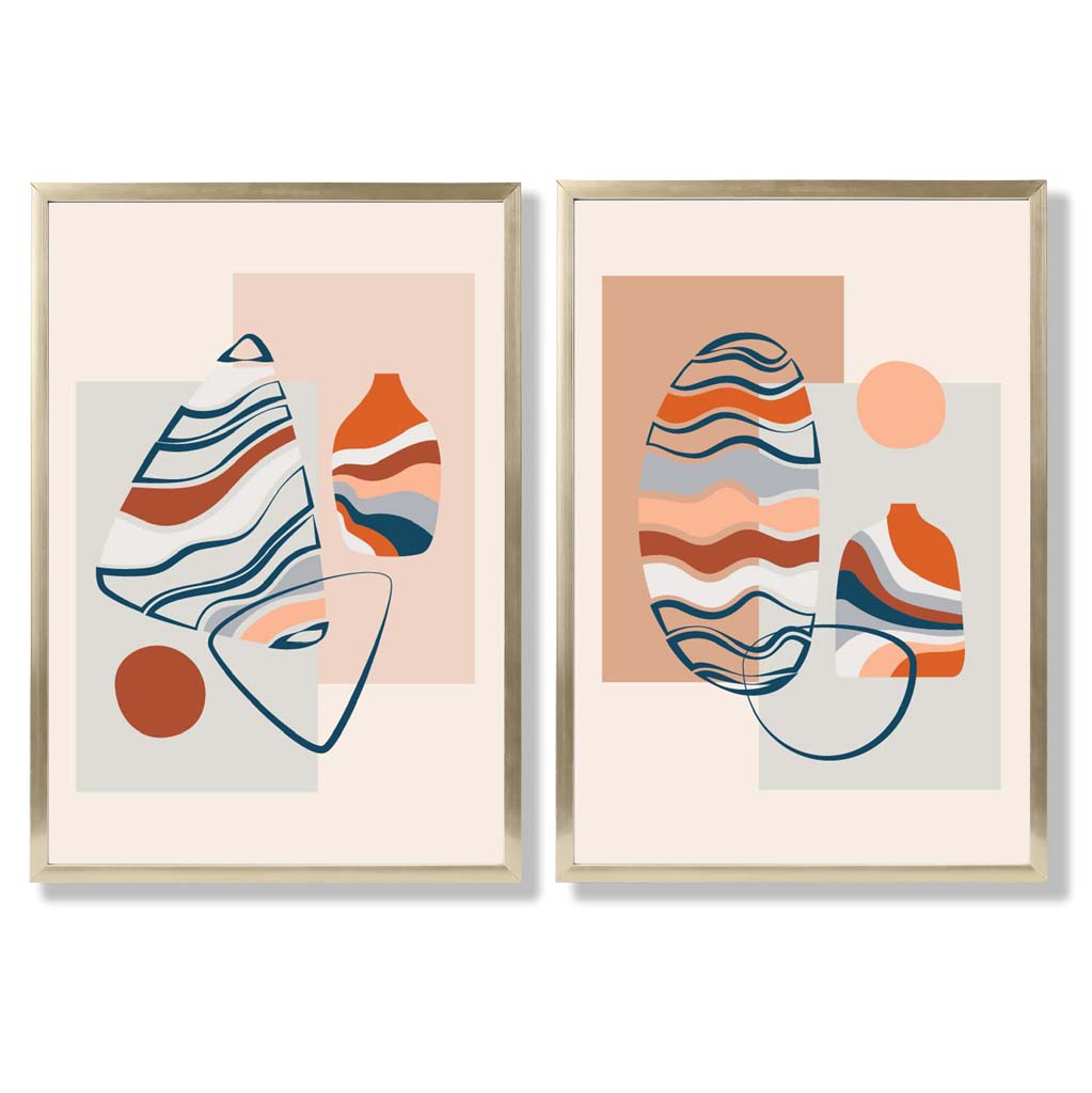 Sage Green Geometric Pineapple Fruit Set of 2 Art Prints with Gold Frame