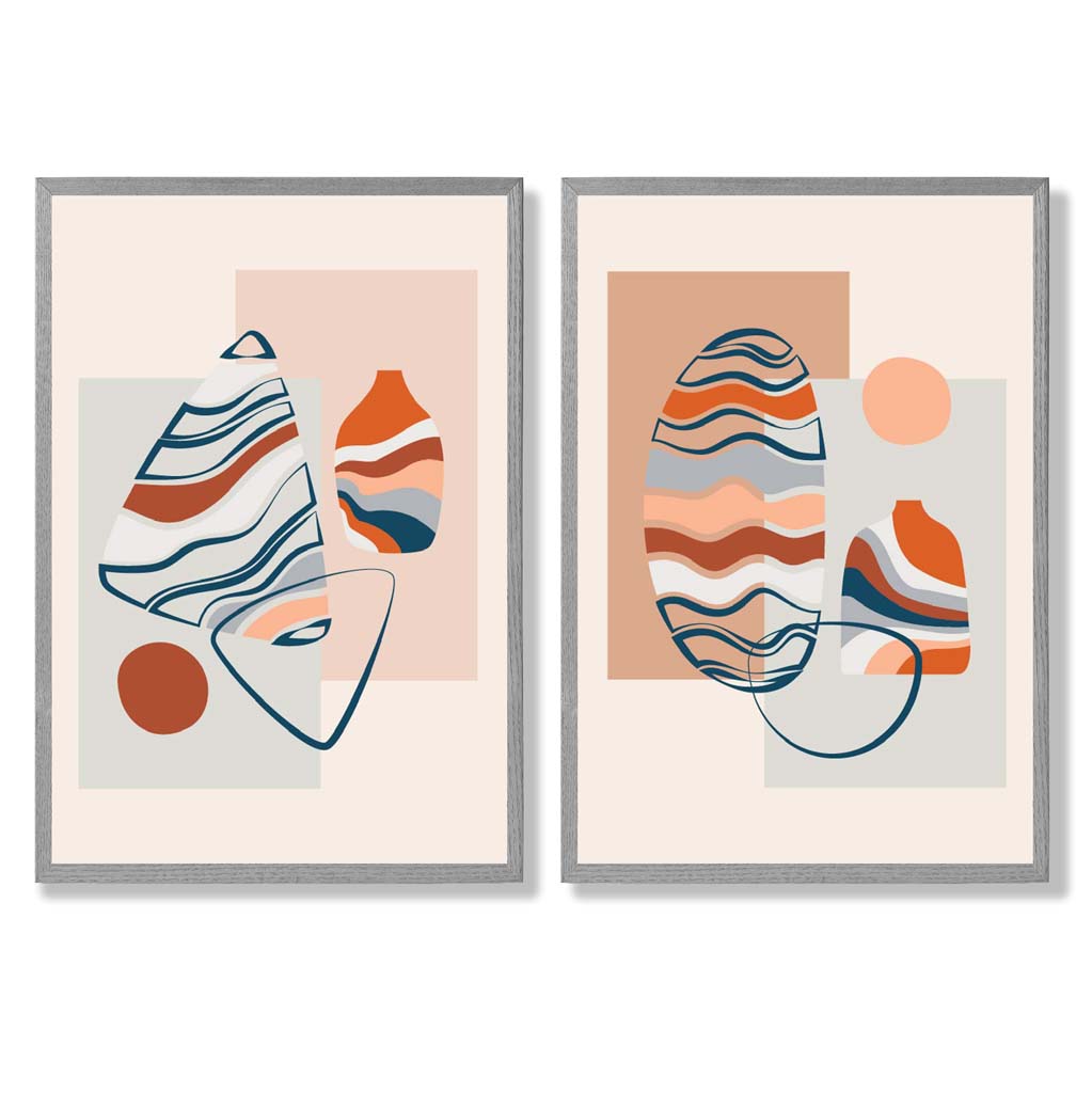 Sage Green Geometric Pineapple Fruit Set of 2 Art Prints with Light Grey Frame